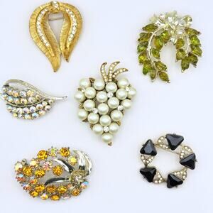 Lot Of 6 Vintage MCM Brooches BSK AB Crystal Faux Pearl Floral Leaf Grape Circle